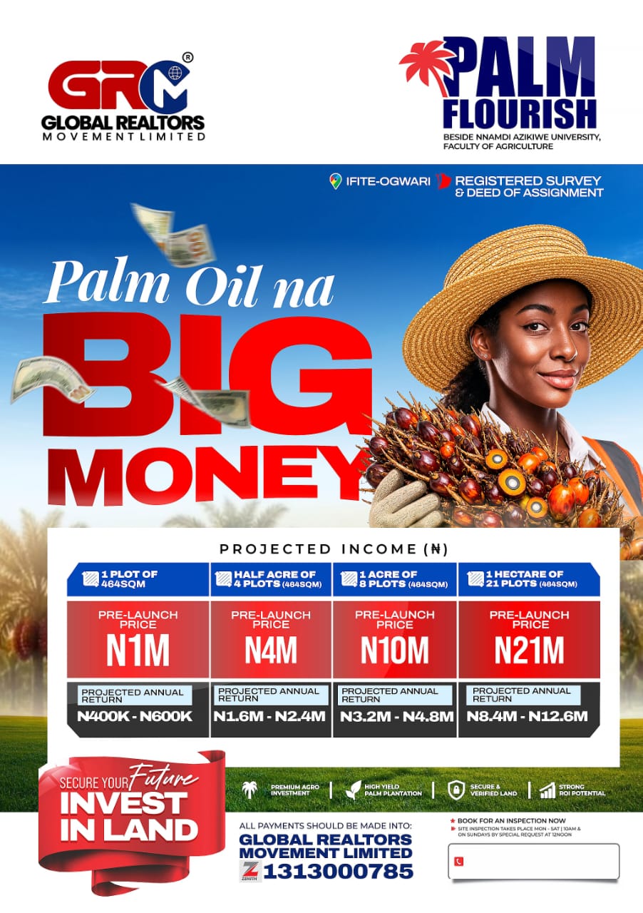 Palm Flourish Palm Oil na Big Money flyer advertising ₦1m plots, ₦4m half acres, ₦10m acres and ₦21m hectares